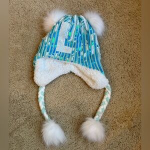 Justice Blue and White Sequin Hat with Pom Poms